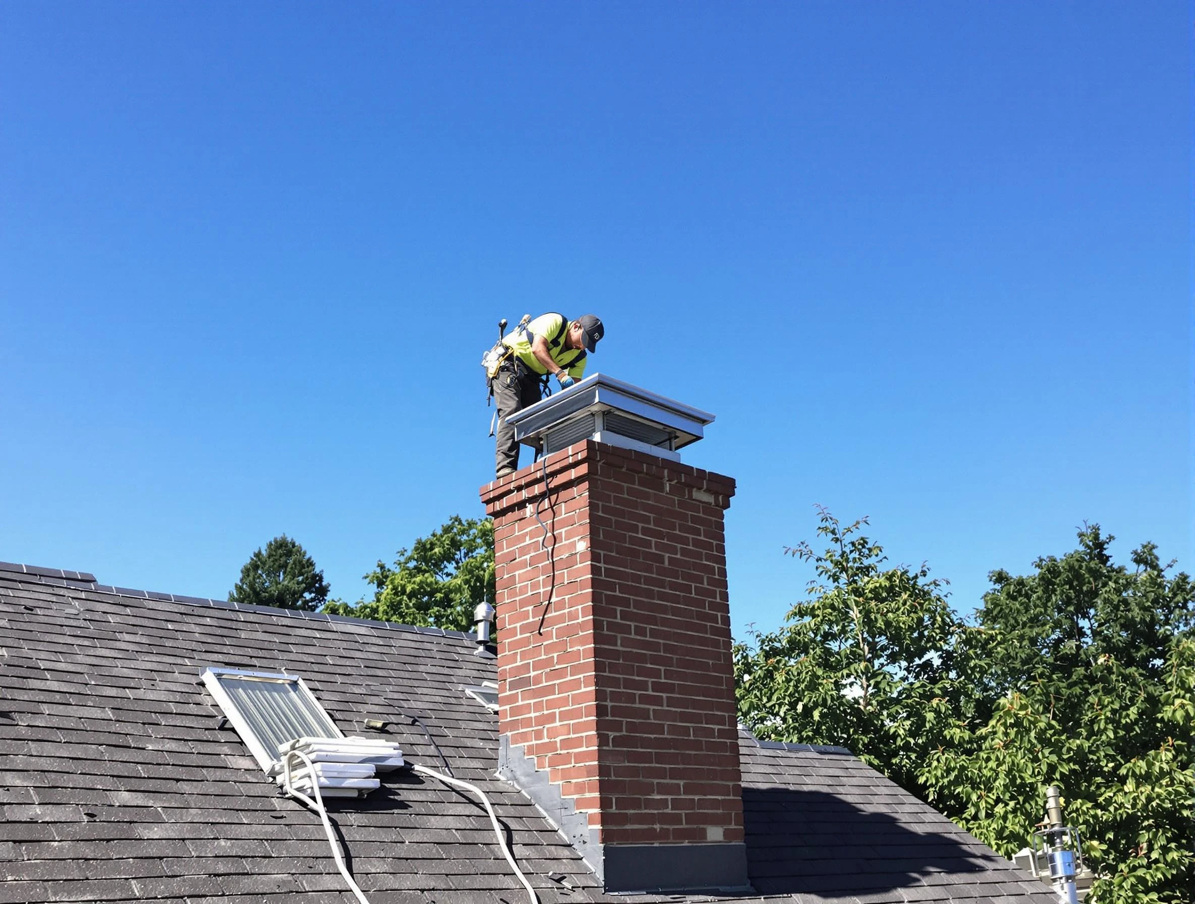 Brockton Chimney Sweep technician measuring a chimney cap in Brockton, MA